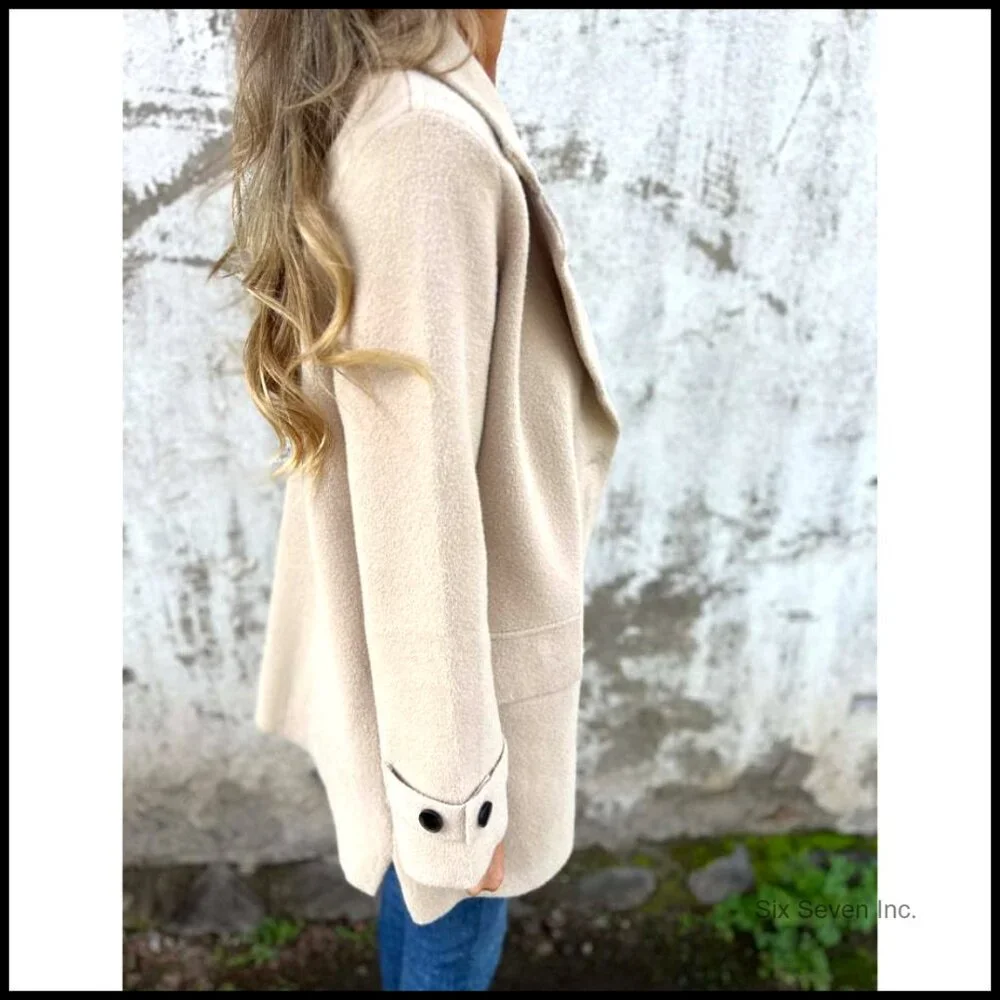 Wool Blended Pea Coat Mid Length Notch Lapel Long Sleeve - Picture 3 of 4